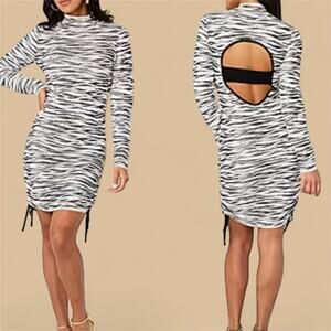Zebra Print Knit Bodycon Dress Open Back Cutout Long Sleeve Ruched Hem, Size L